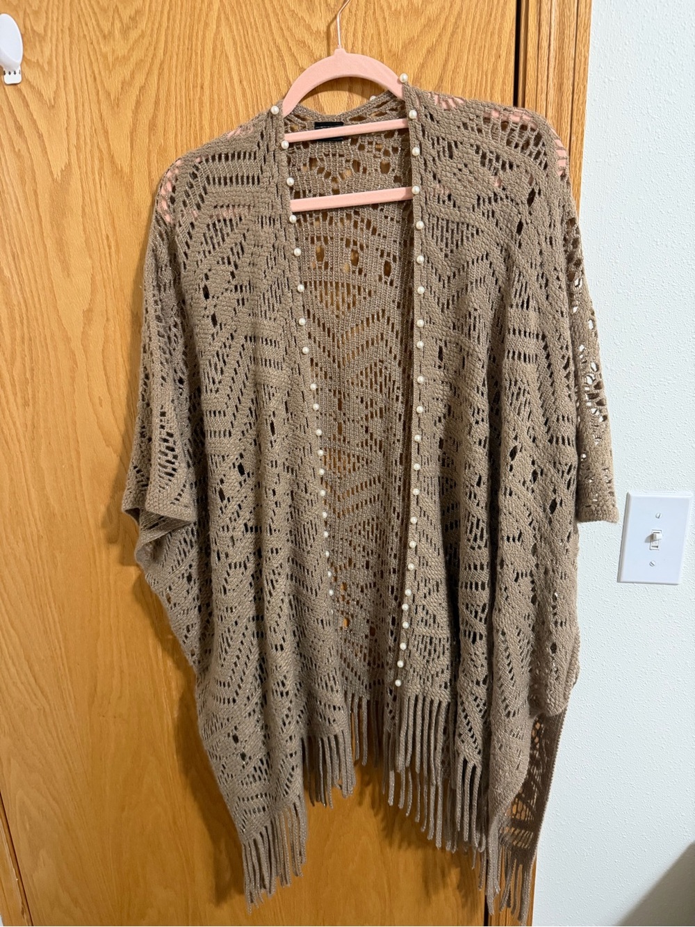 Source Unknown Taupe Open-Knit Beaded Fringe Poncho